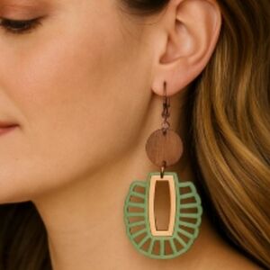 Boho-Chic Green and Brown Geometric Wooden Drop Earrings